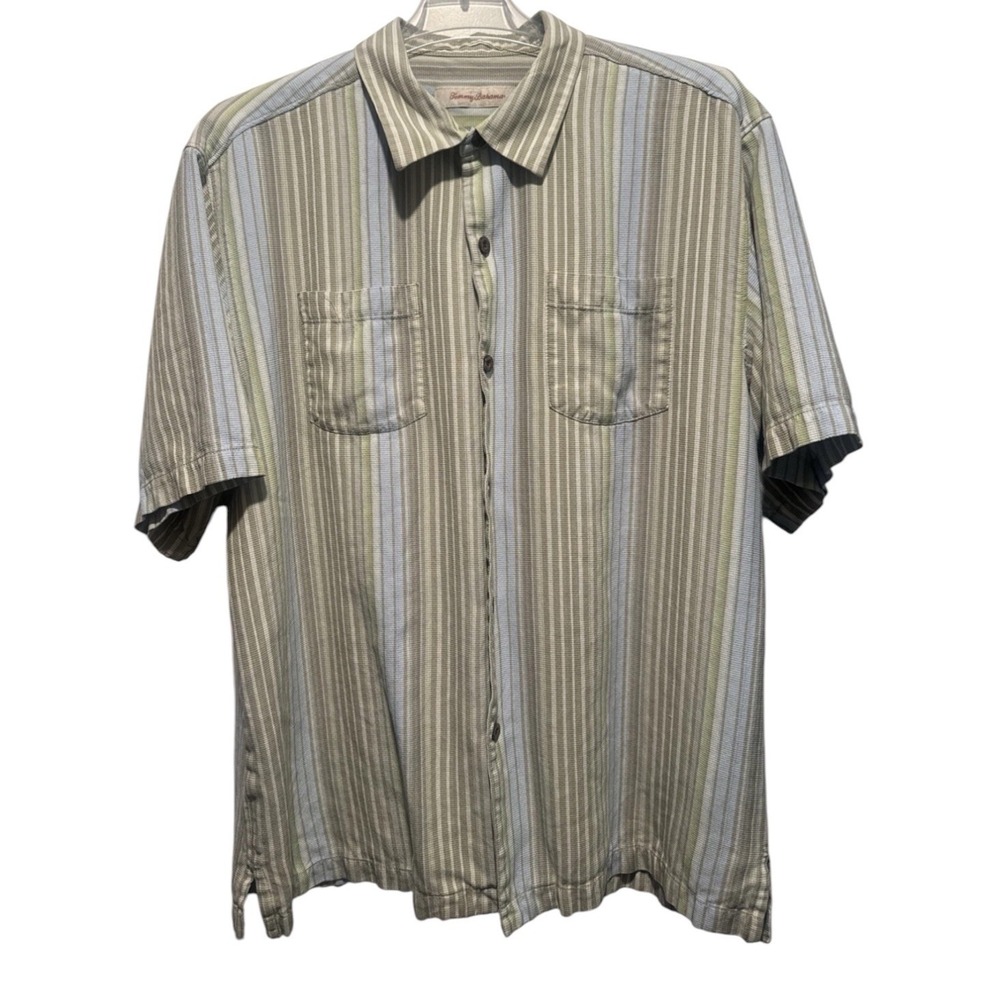Men's Tommy Bahama Vertical Striped Button Up Shirt Short Sleeve Silk Sz Large